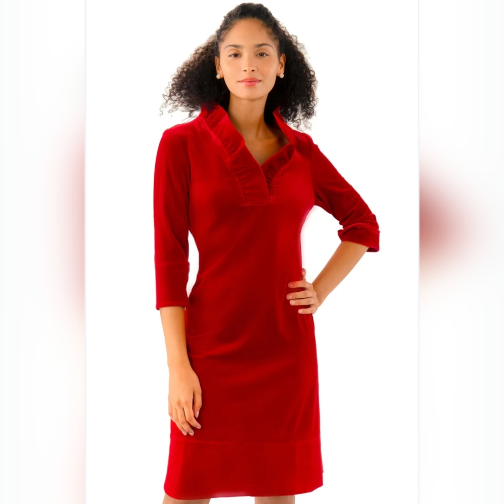 Gretchen Scott Ruffneck Dress - Red Silky Velvet